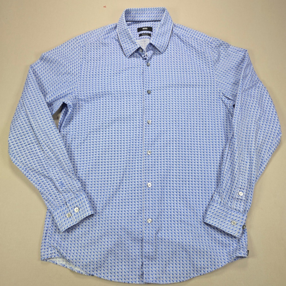 BOSS Hugo Boss Button Up Shirt Geometric Match Point Italian Blue Mens M Regular